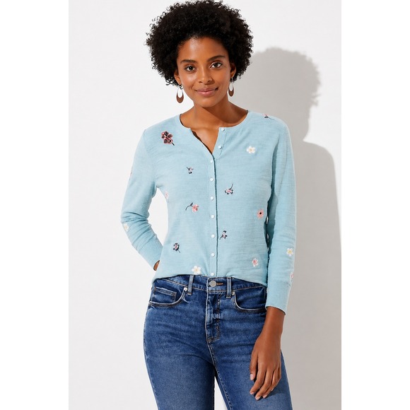 LOFT Sweaters - LOFT Blue Floral Embroidered Cotton Cardigan Sweater Small NWT 530976